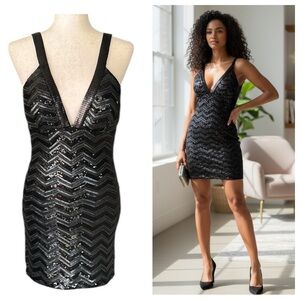Spy Zone Exchange Sequined V-neck Exposed Zipper On Back Bodycon dress